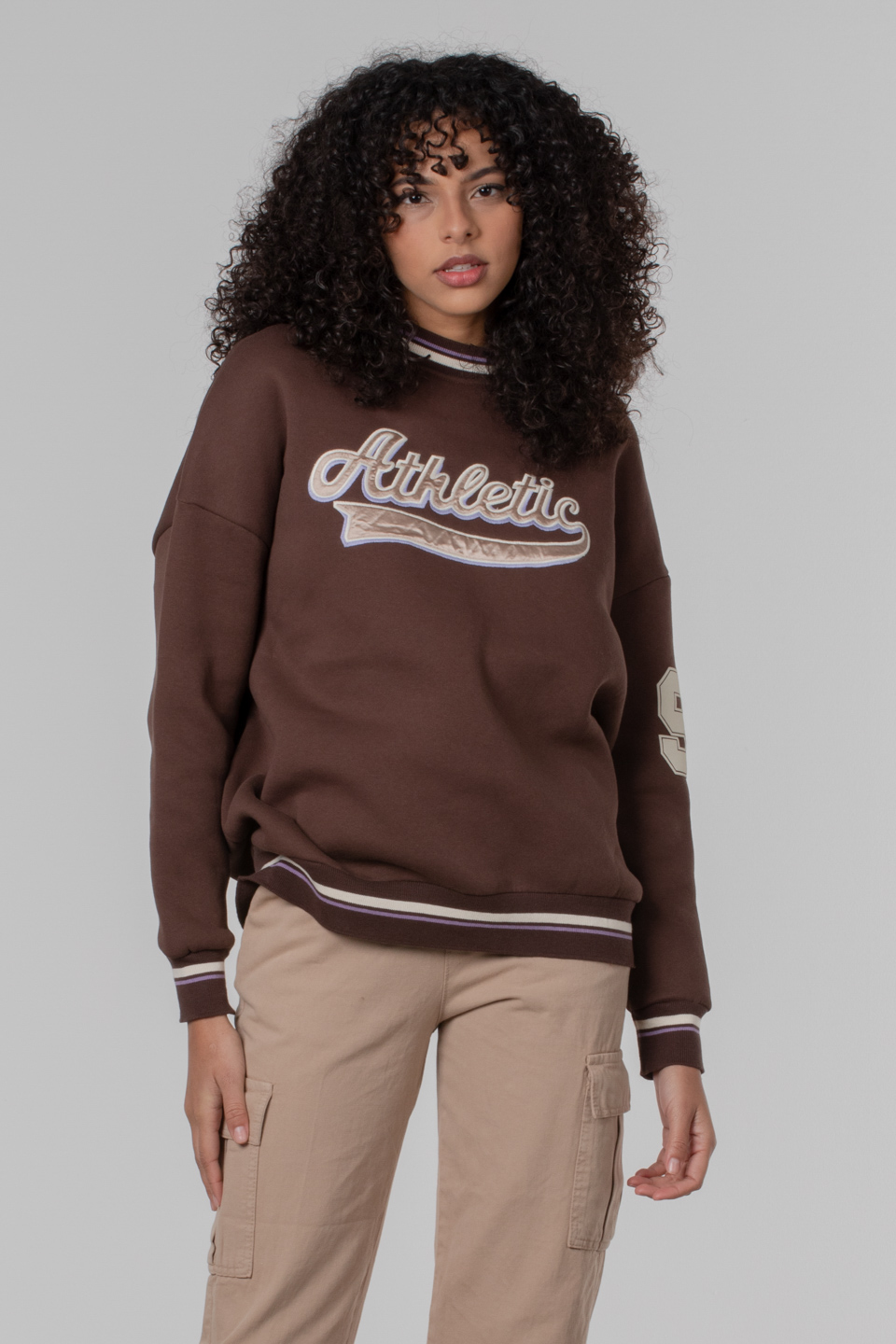 Ribanalı baskılı sweatshirt-DVN0099 Kahve