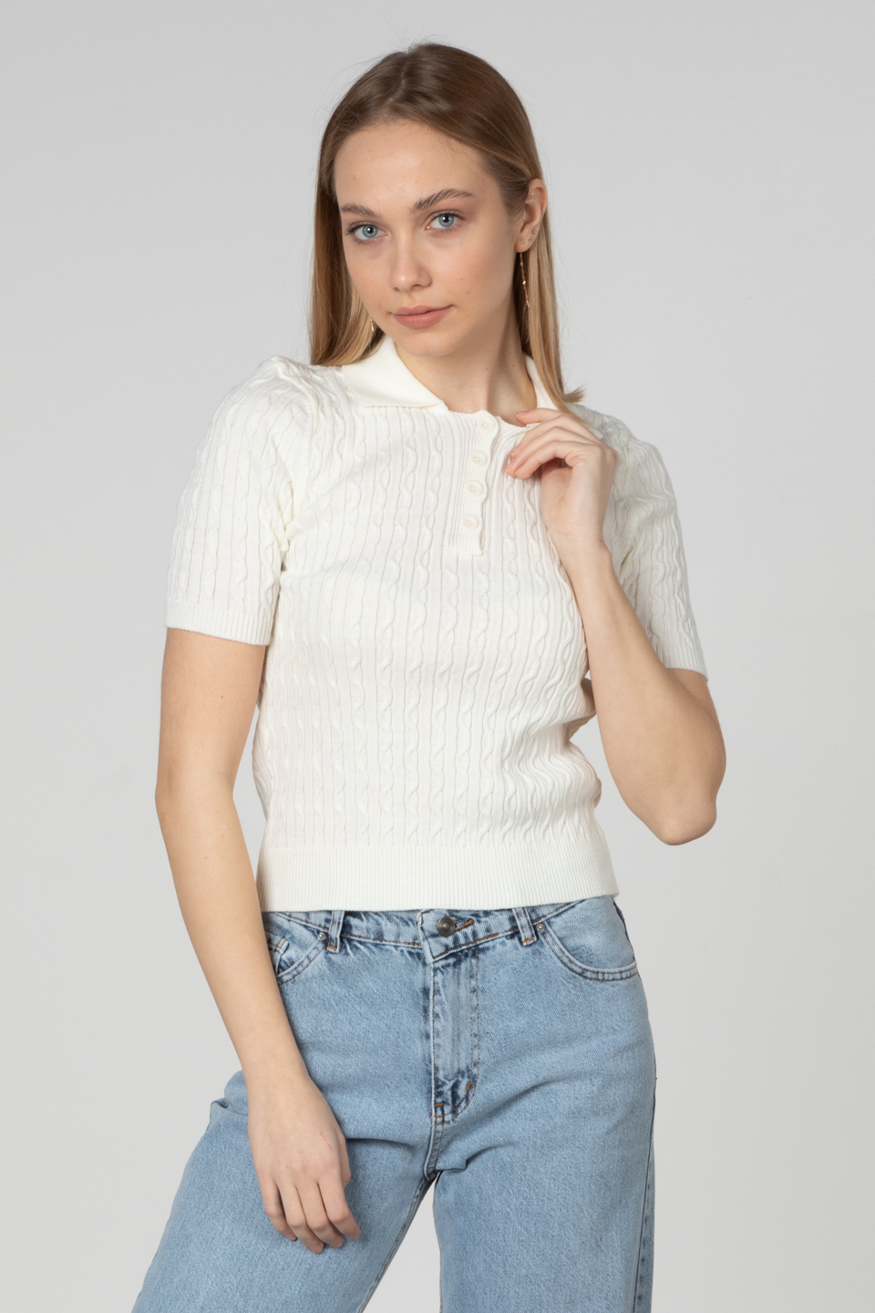 Saç örgülü triko body-3055 Beyaz