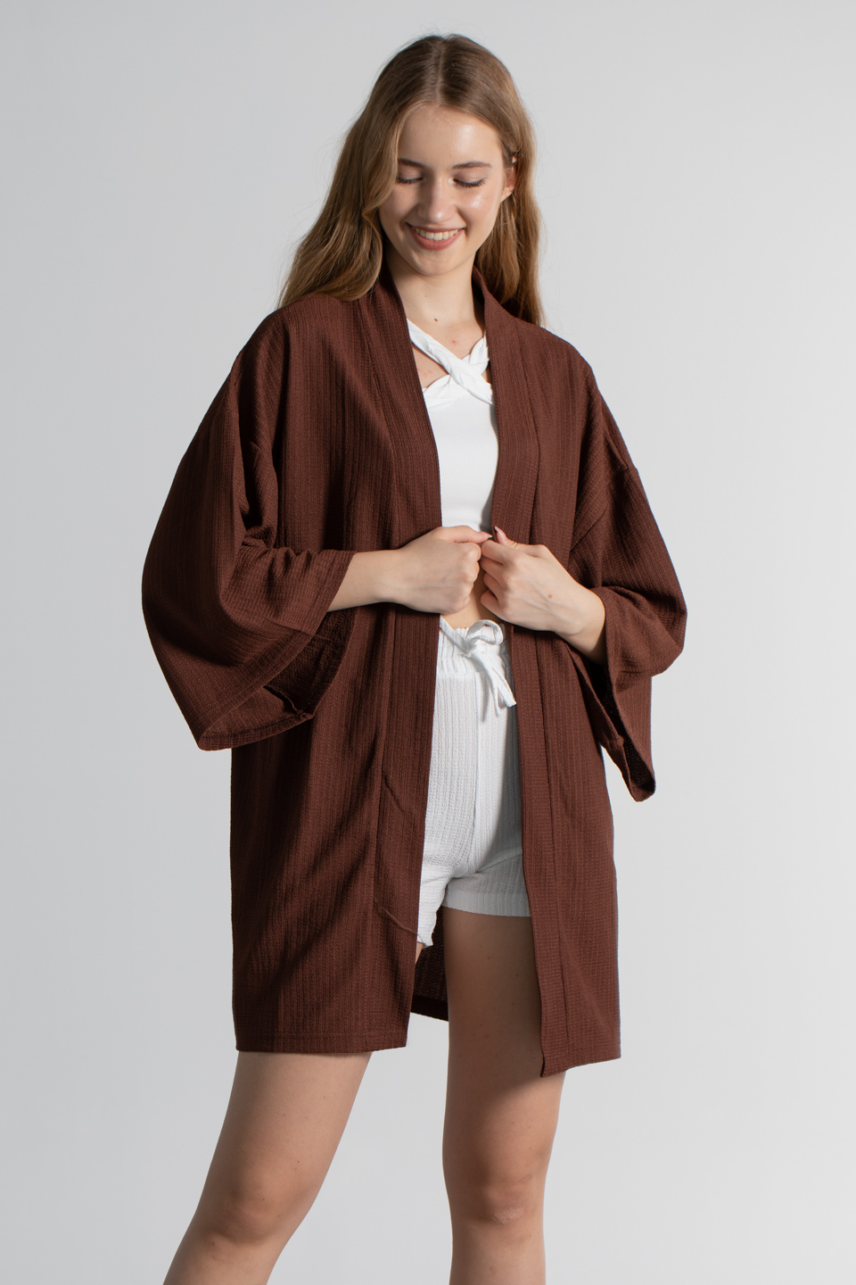 Şal yaka bürümcük hırka-3495 Kahve