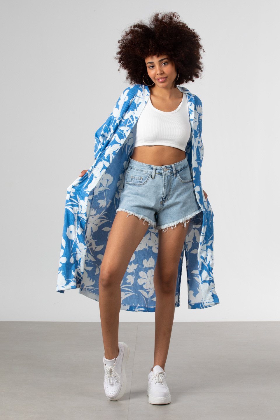 Şal yaka cepli kimono-90698 Mavi