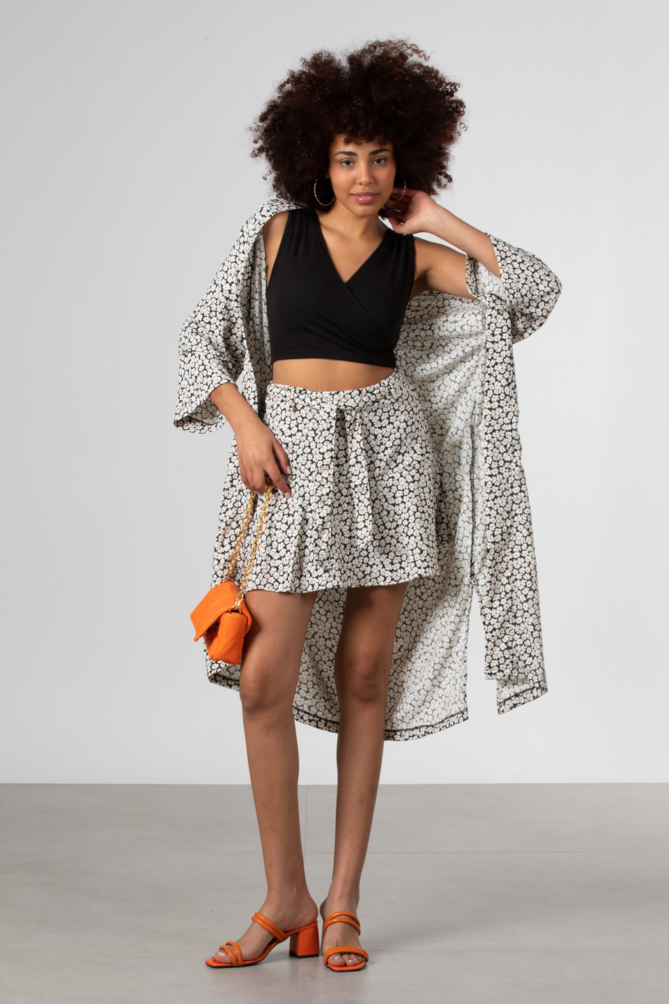 Şal yaka cepli kimono-90698 Siyah/Ekru