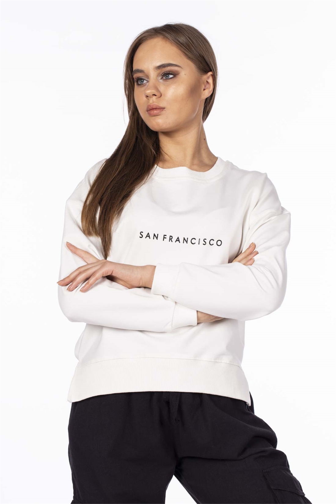 San Francisco Baskılı Basic Sweatshirt-Ekru