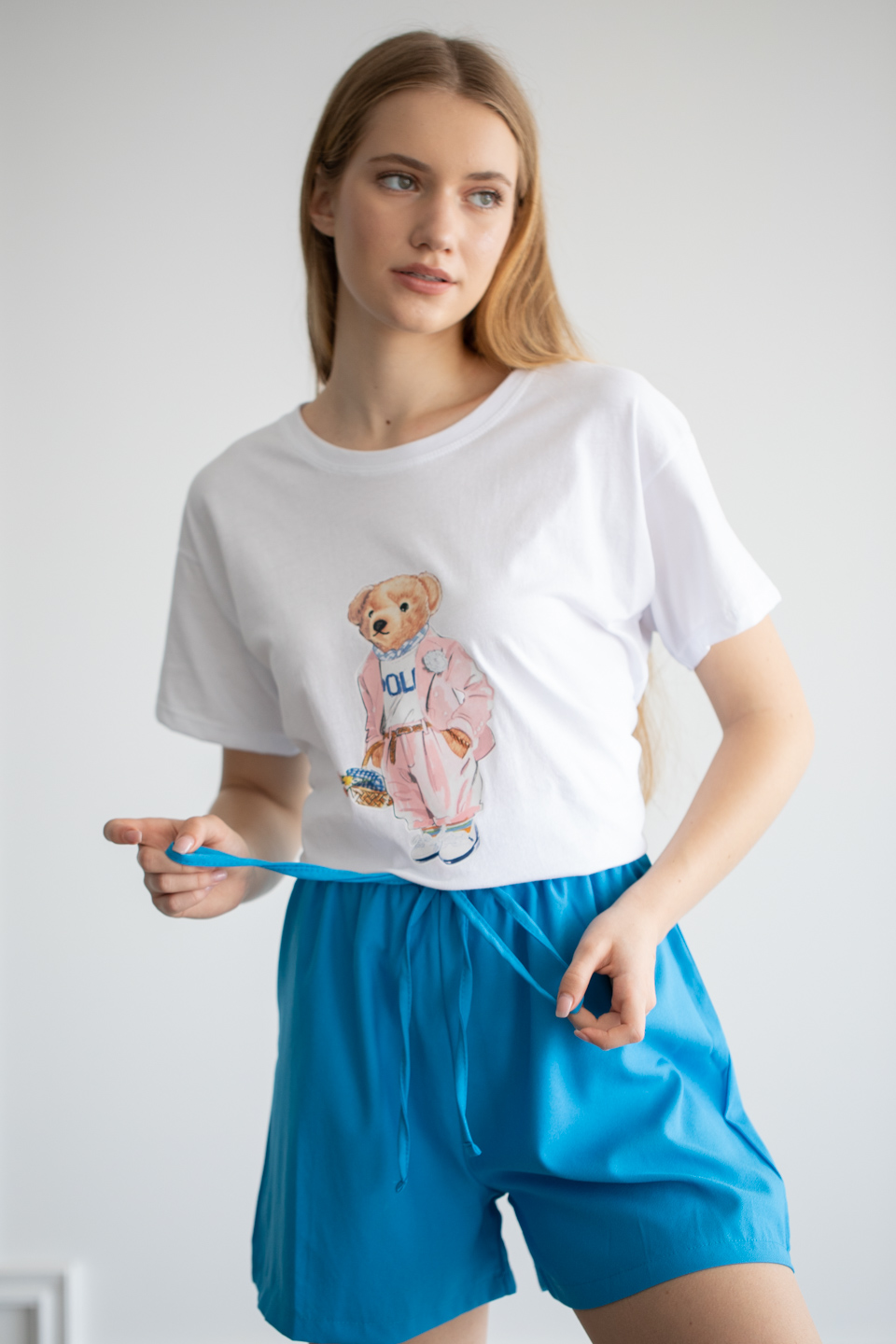 Sepetli Ayıcık Baskılı T-Shirt - Beyaz