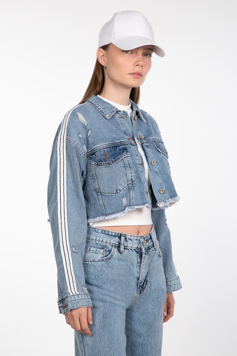 Şeritli denim ceket-0900 Mavi