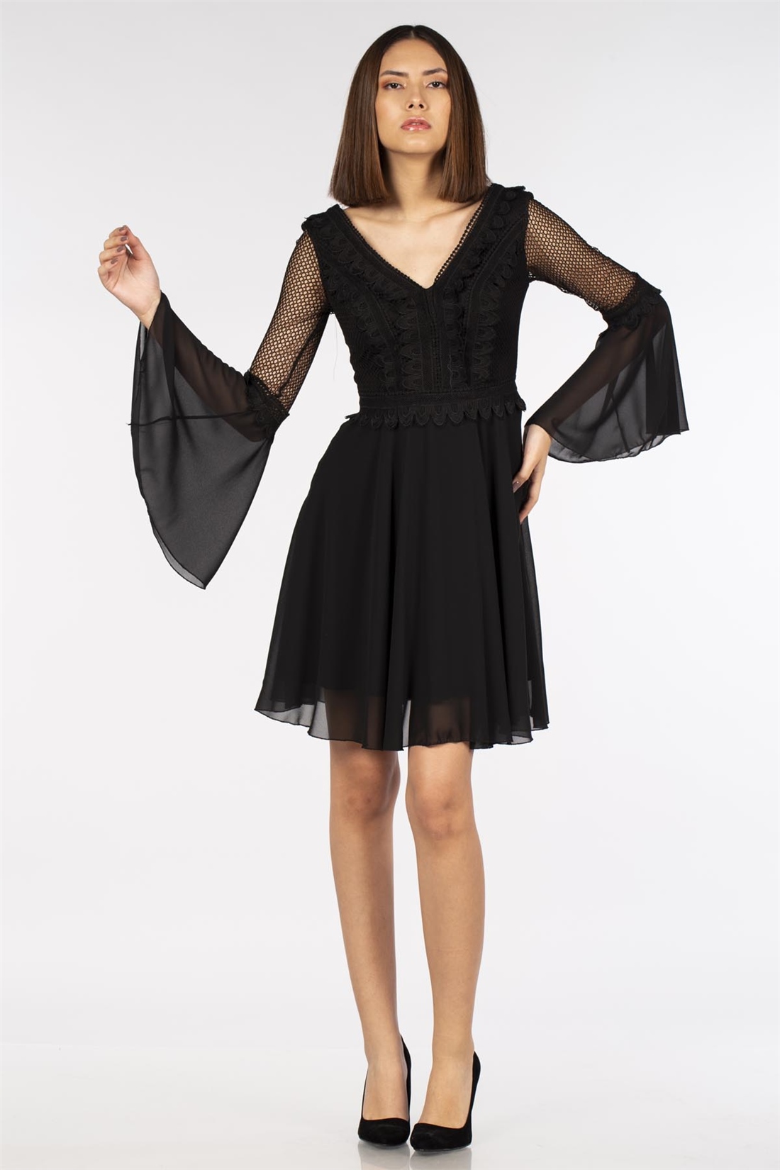 Şifon Dantel Detay Elbise-Siyah