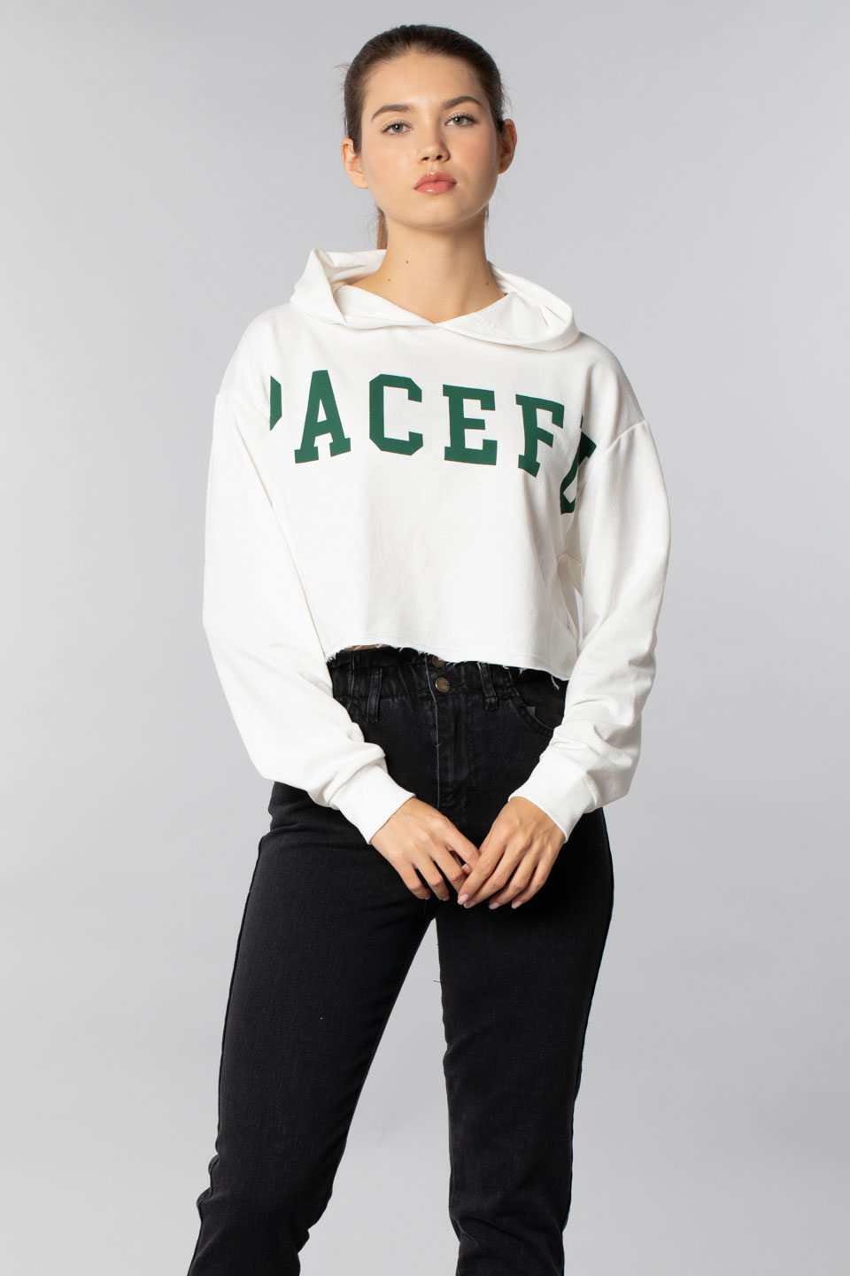 Spacefun baskılı crop sweatsırt-9678 Ekru