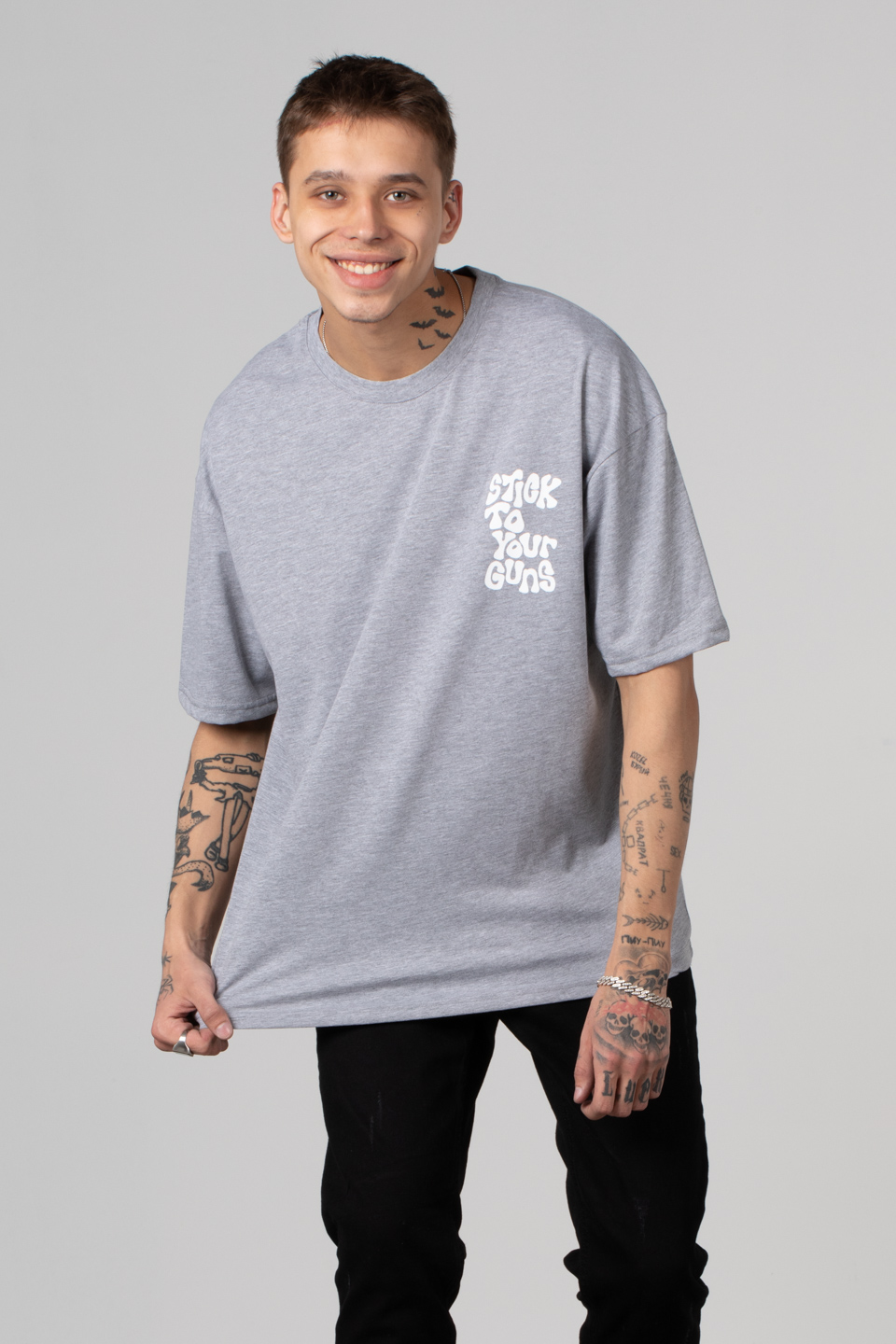 Stıck baskılı oversize t-shirt-5014 Gri Melanj