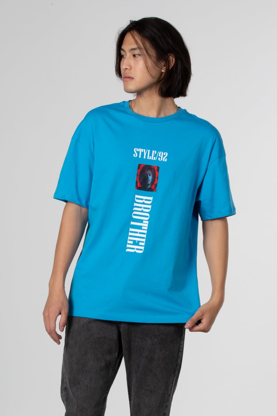 Stlye baskılı oversize t-shirt-1031 Mavi