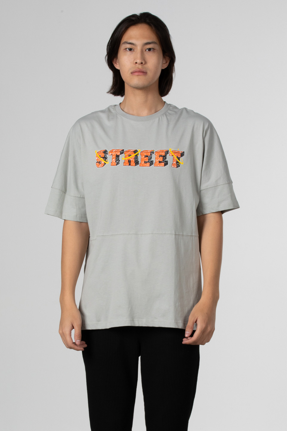Street ön arka yazı baskılı t-shirt-1007 Gri