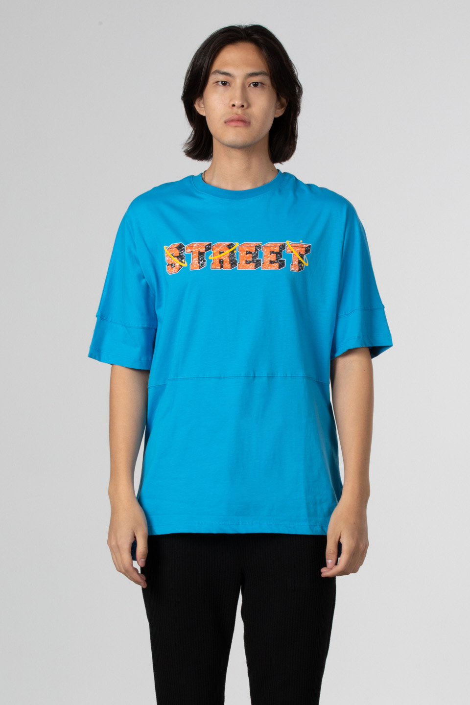 Street ön arka yazı baskılı t-shirt-1007 Mavi