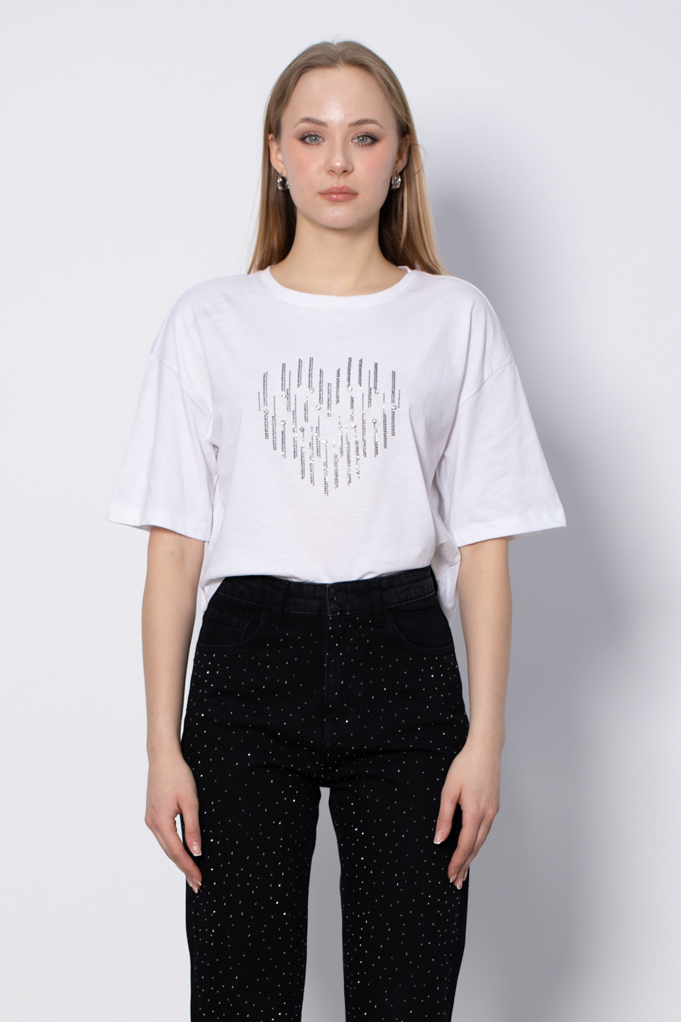 Taş Baskılı T-Shirt - Beyaz