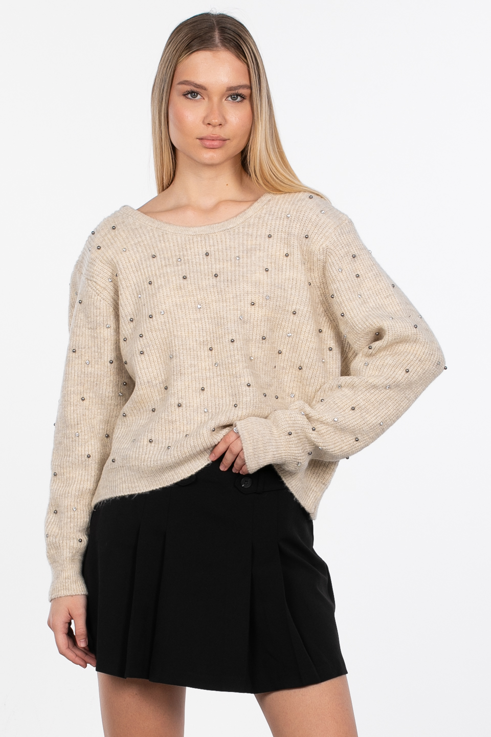 Taşlı sırt dekolteli triko kazak-6453 Taş