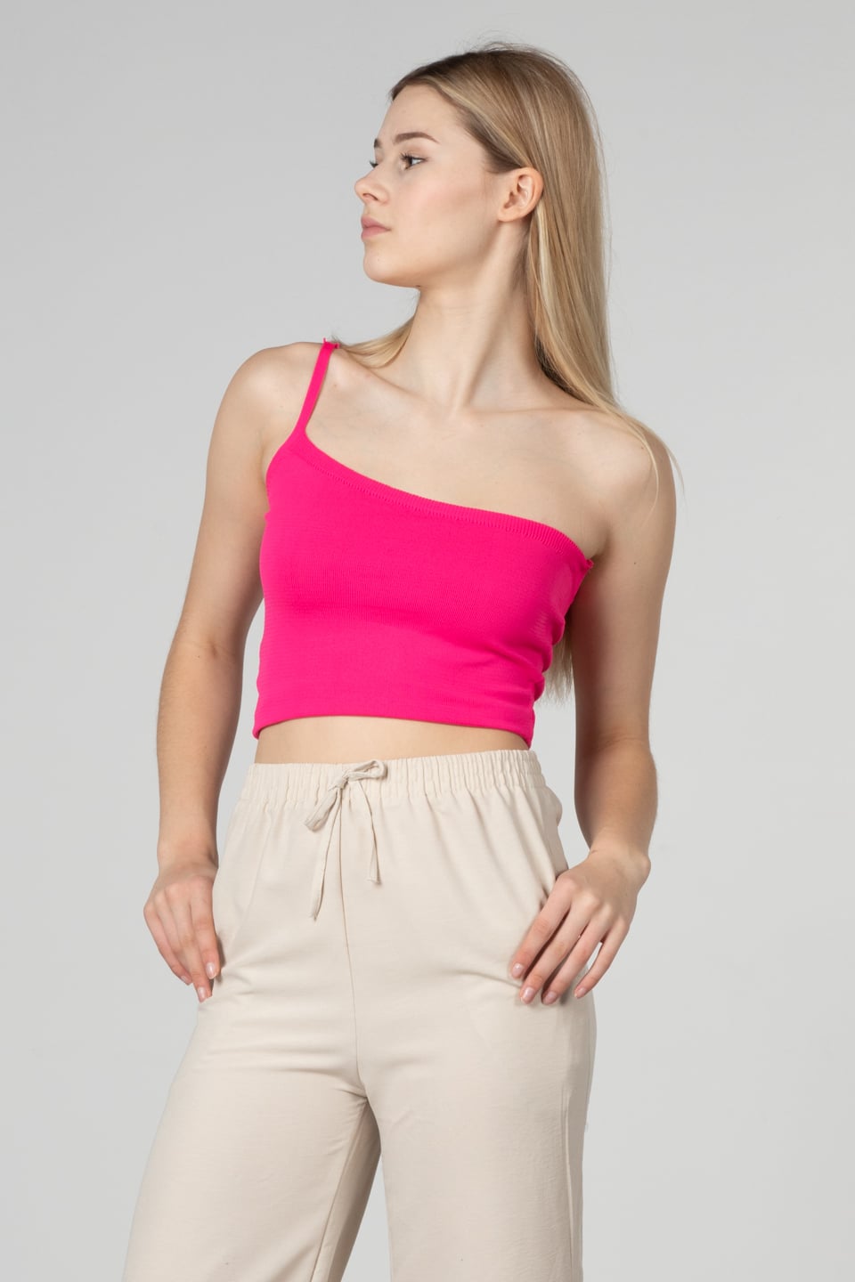 Tek askılı crop body-8964 Fuşya