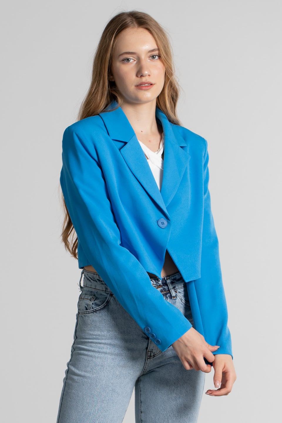 Tek düğmeli crop ceket-4013 Mavi