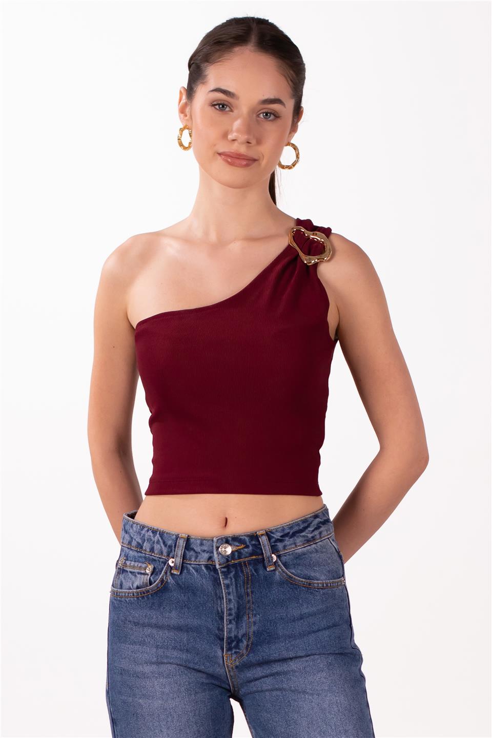 Toka detaylı tek omuz bluz-2468 Bordo