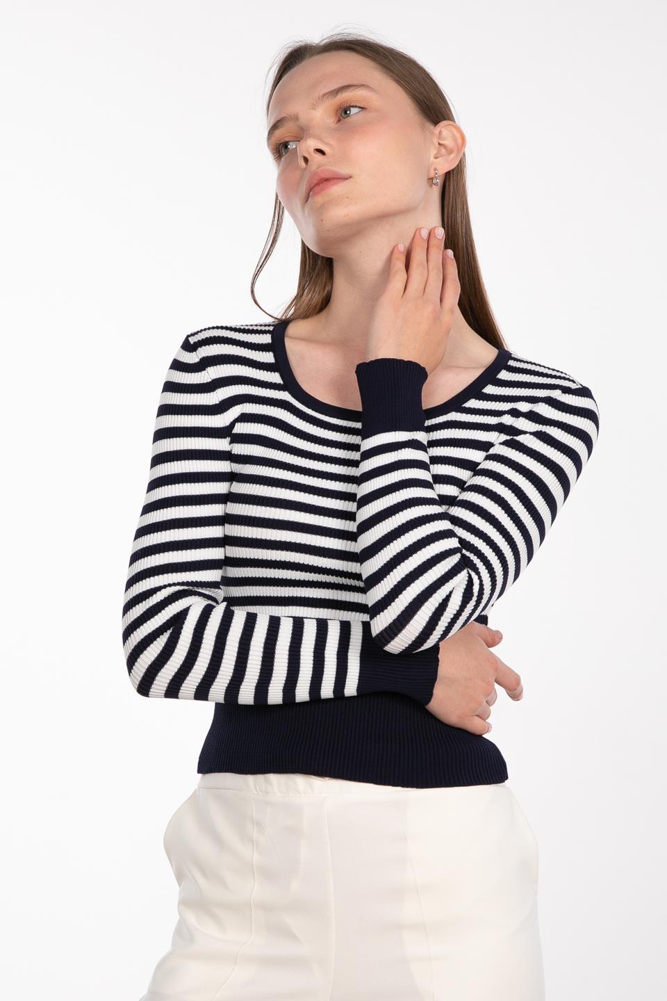 U yaka çizgili body-3073 Lacivert/Beyaz