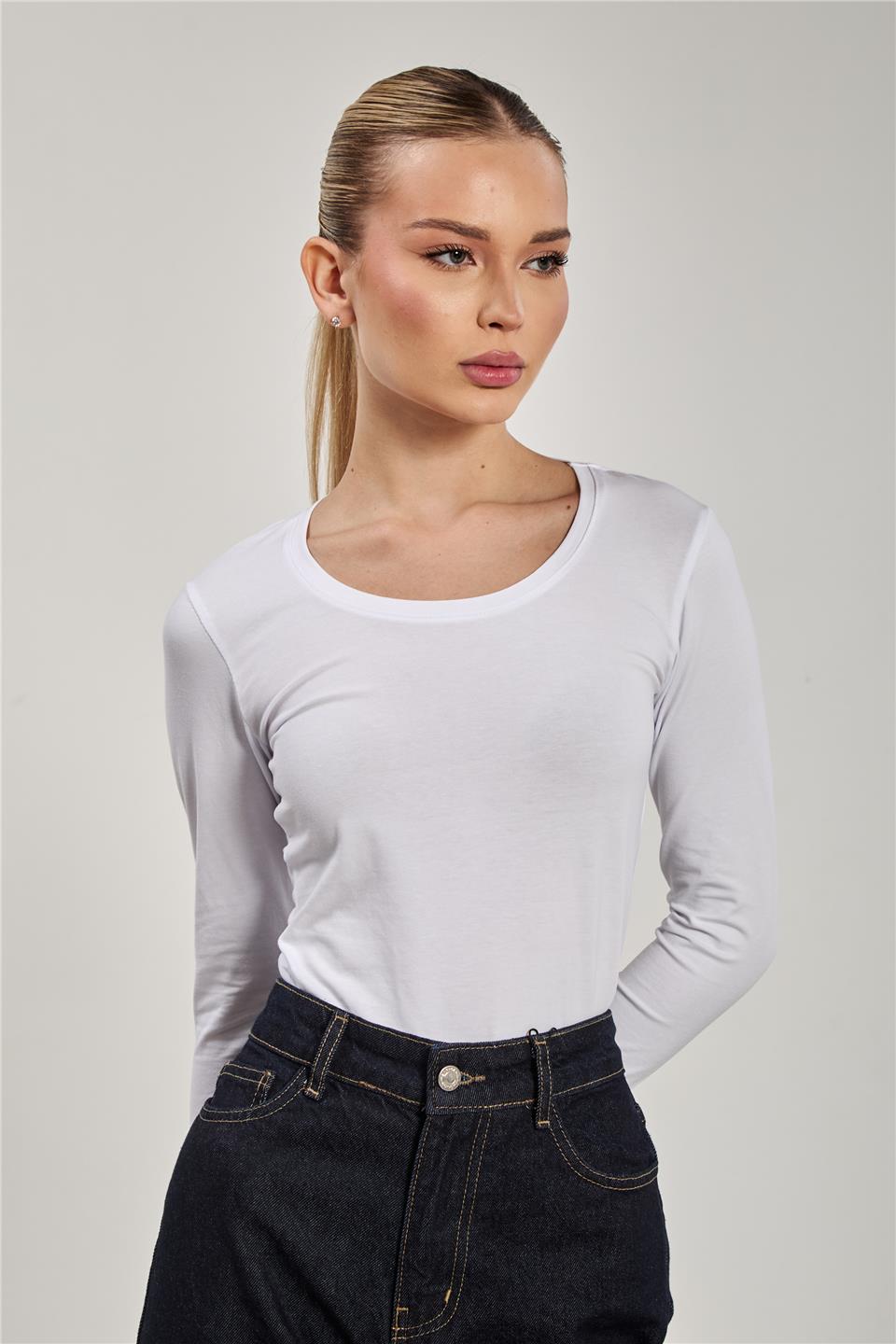 U yaka uzun kol body-K652 Beyaz