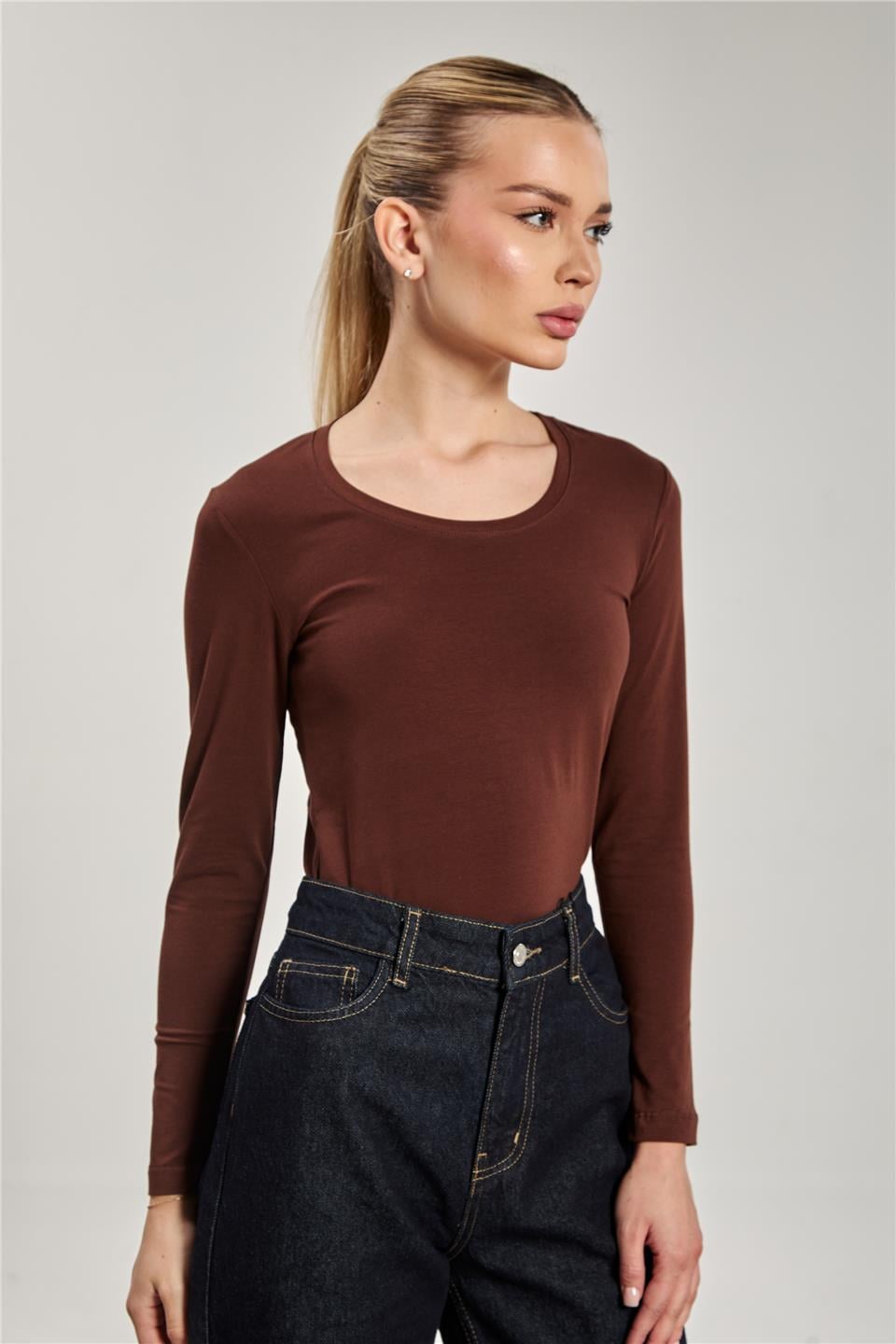 U yaka uzun kol body-K652 Koyu kahve