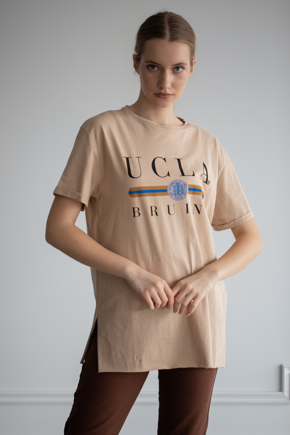 Ucla baskılı oversize t-shirt-1003-1 Bisküvi