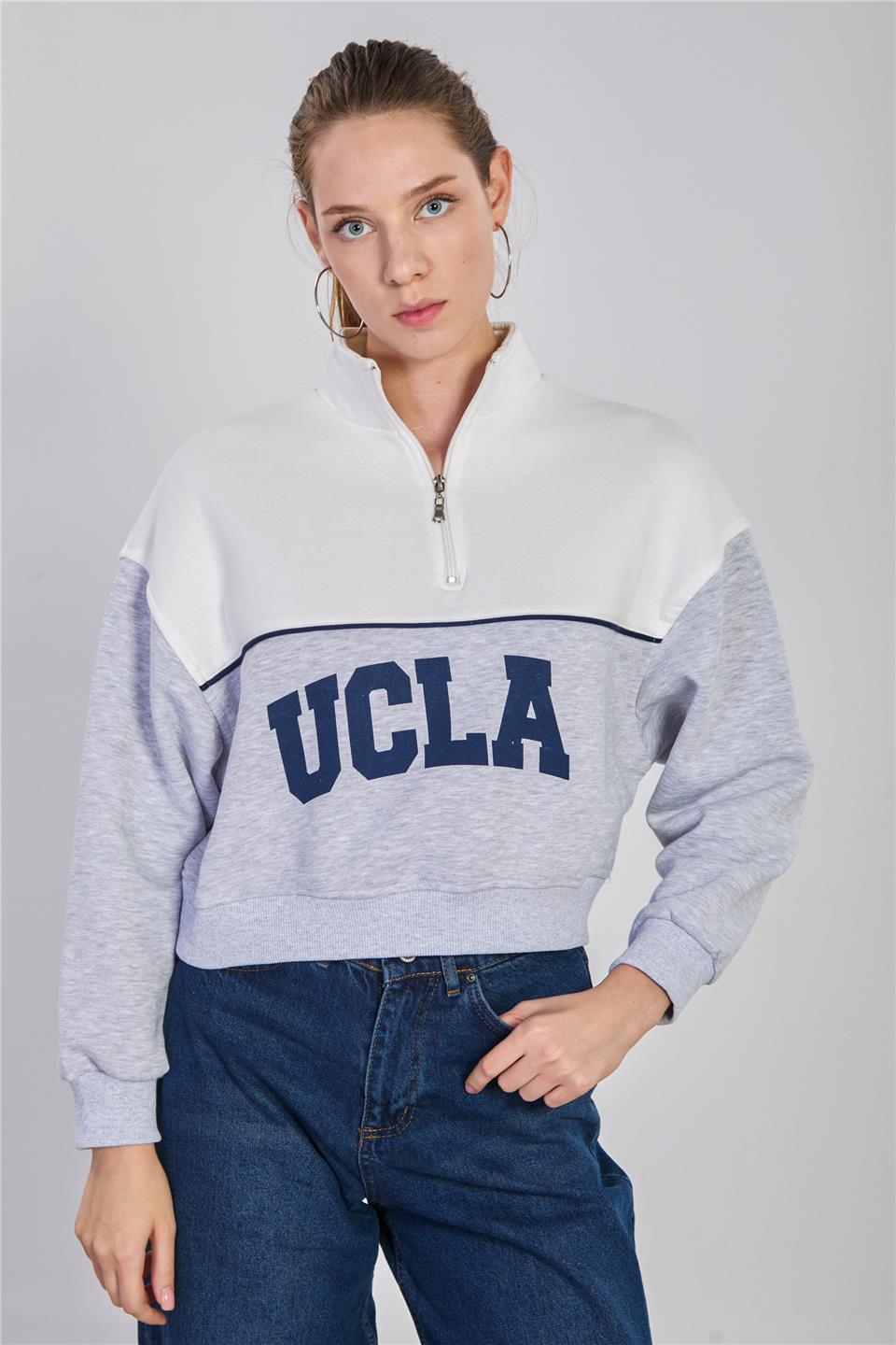 Ucla yazılı garnili sweatshirt-5776 Kar Melanj/Ekru