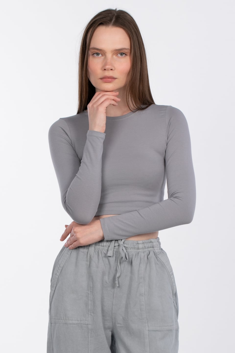 Uzun kol crop body-R990 Gri
