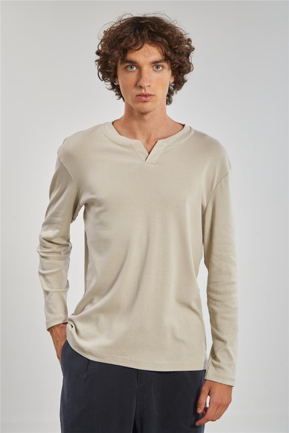 Uzun Kollu Erkek Sweat - Bej 
