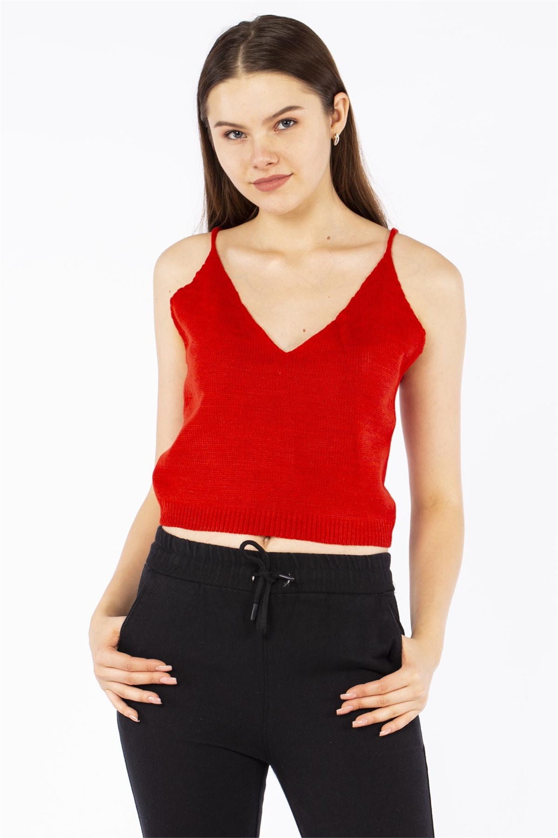 V Yaka Askılı Crop Triko-Kırmızı