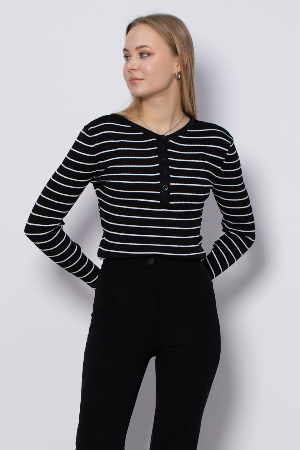 V yaka çizgili triko body-3044 Siyah/Beyaz