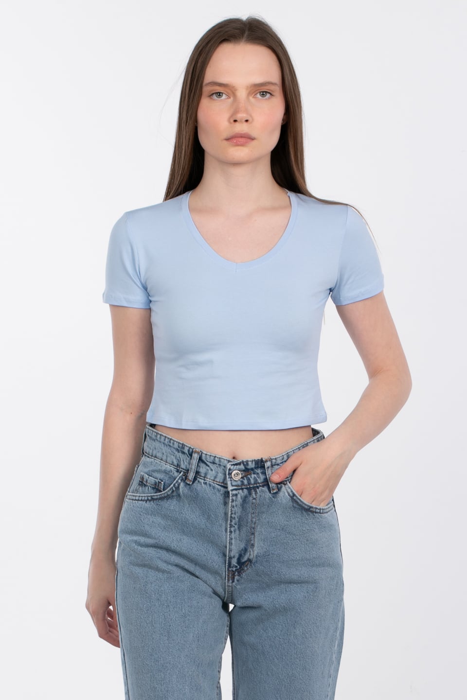 V yaka crop body-R531 Mavi