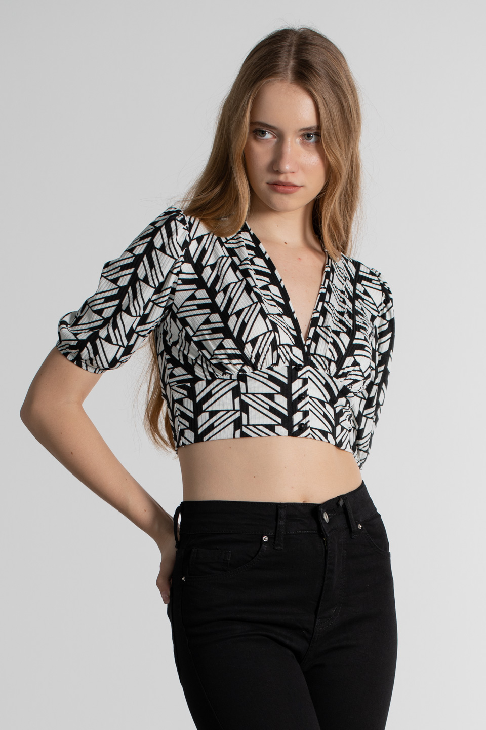 V yaka desenli bluz-S-0019 Geometrik Desen