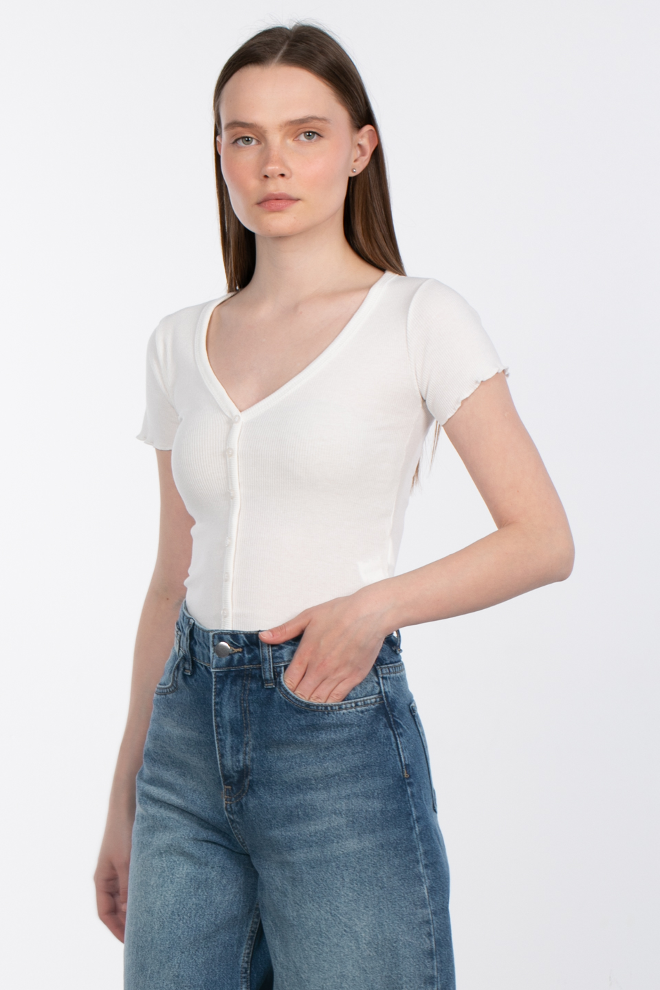 V yaka düğmeli crop body-DVN0980 Ekru