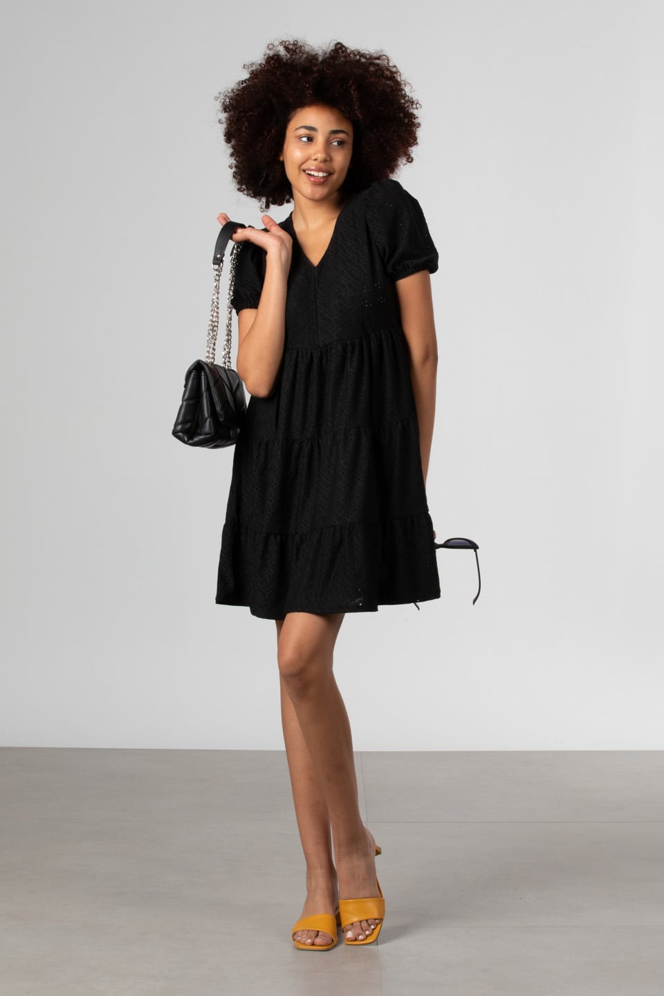 V yaka kısa kollu mini elbise-S0012761 Siyah