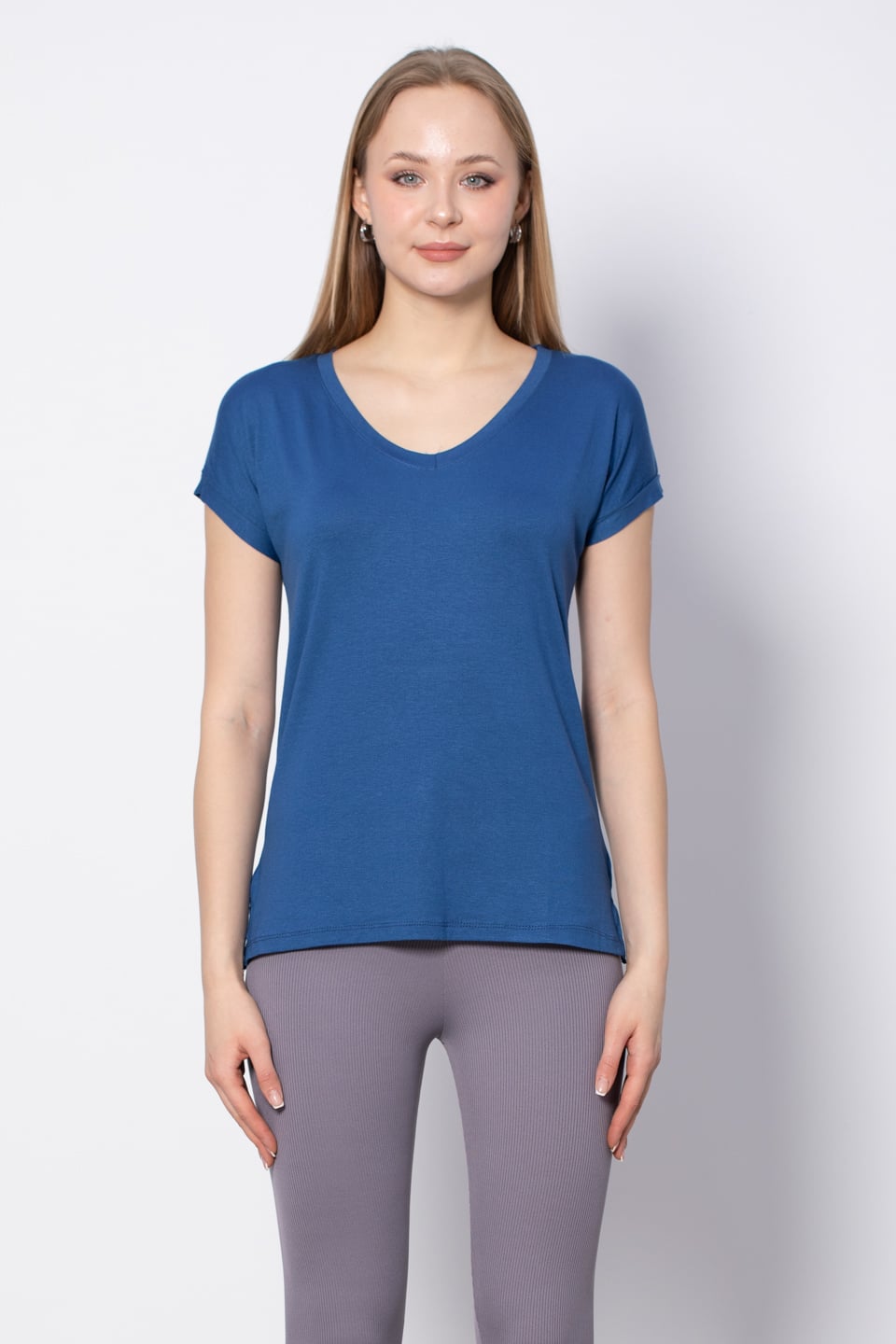 V Yaka Yırtmaçlı T-Shirt - İndigo