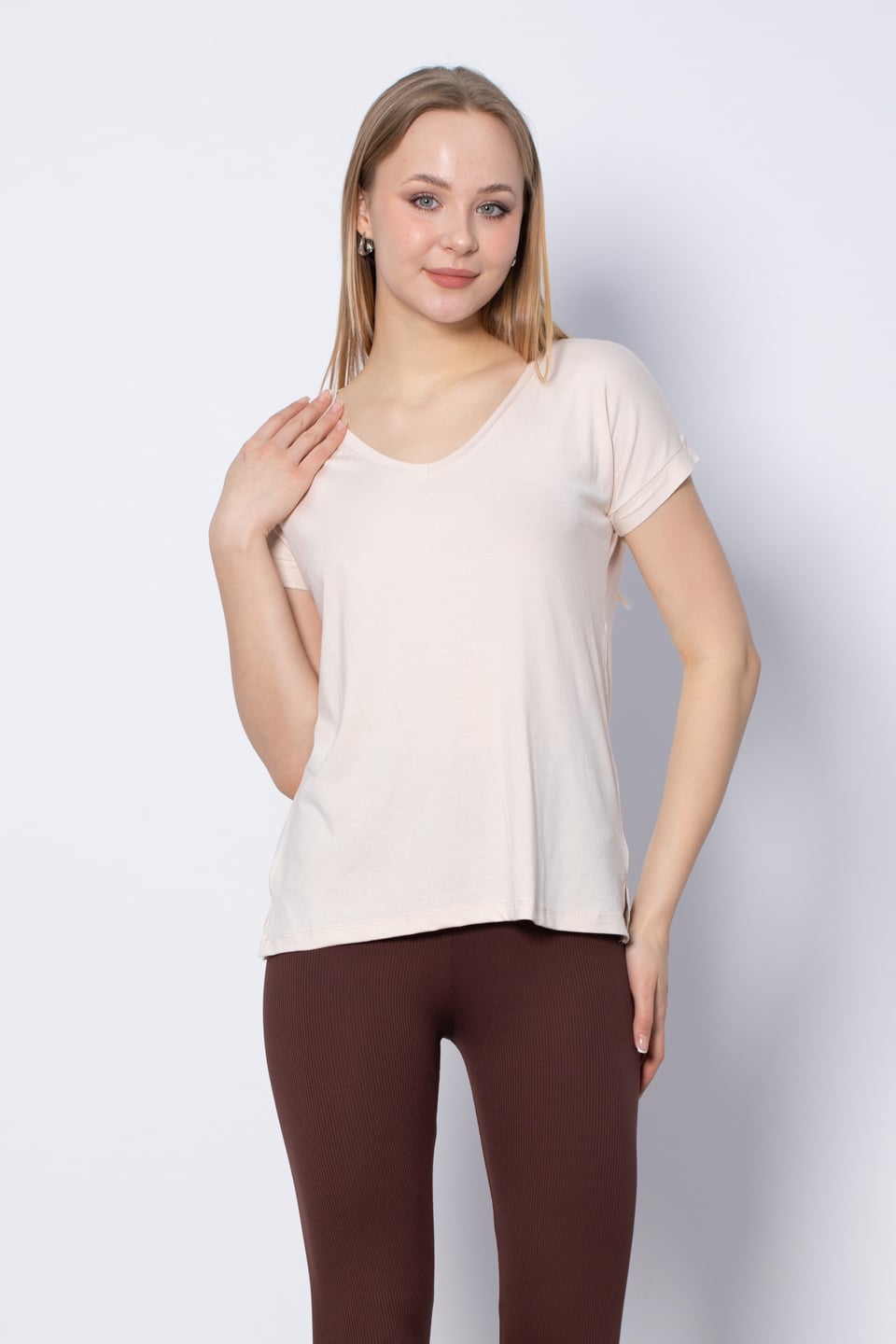 V Yaka Yırtmaçlı T-Shirt - Taş