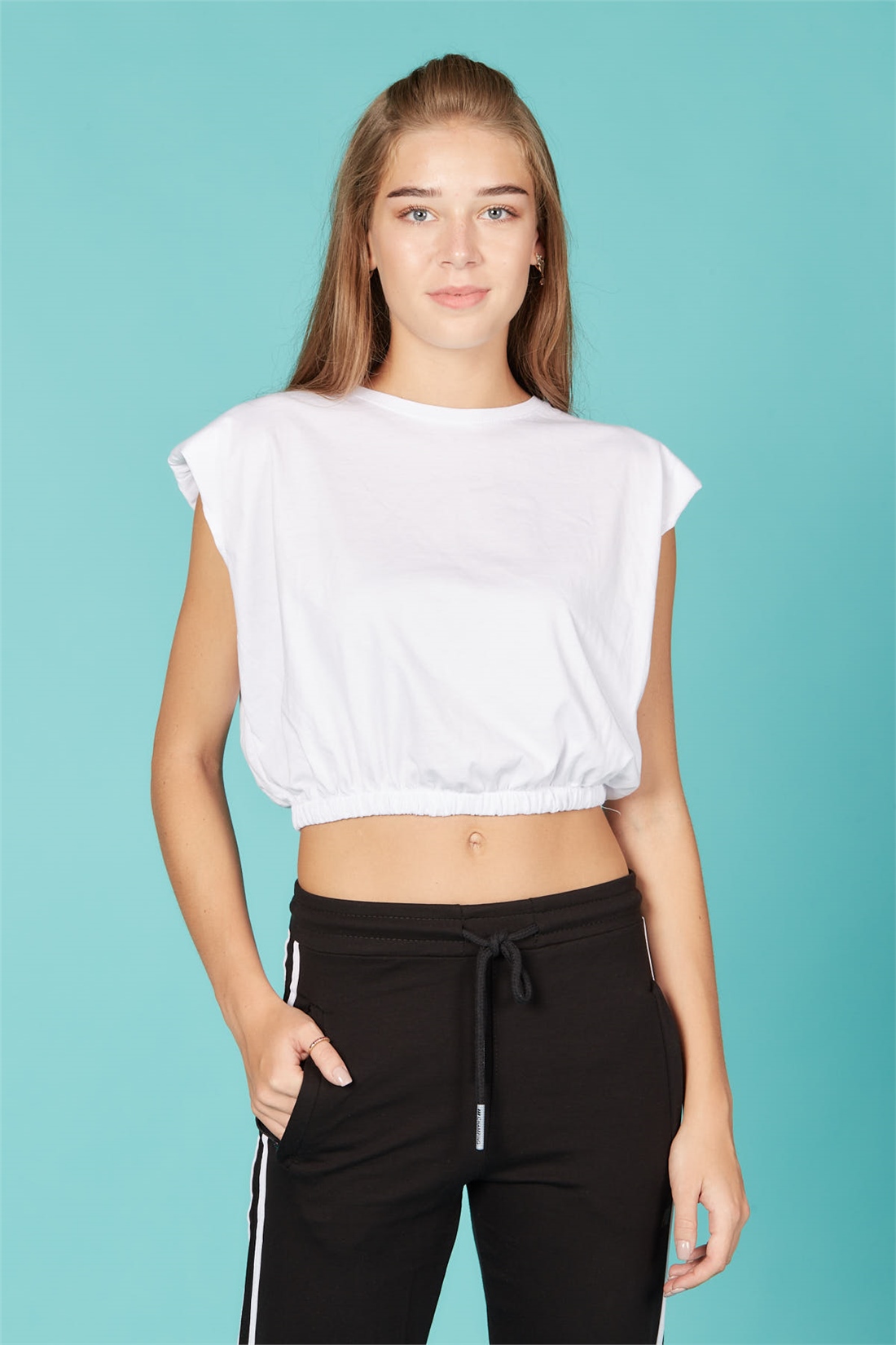 Vatkalı Beli Lastikli T-Shirt-Beyaz