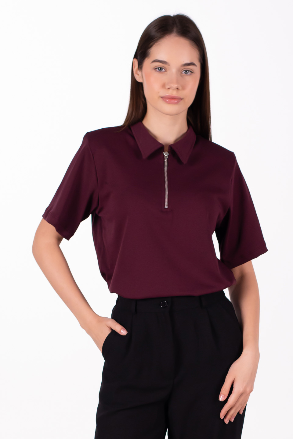 Vatkalı fermuarlı polo yaka t-shirt-5337 Bordo