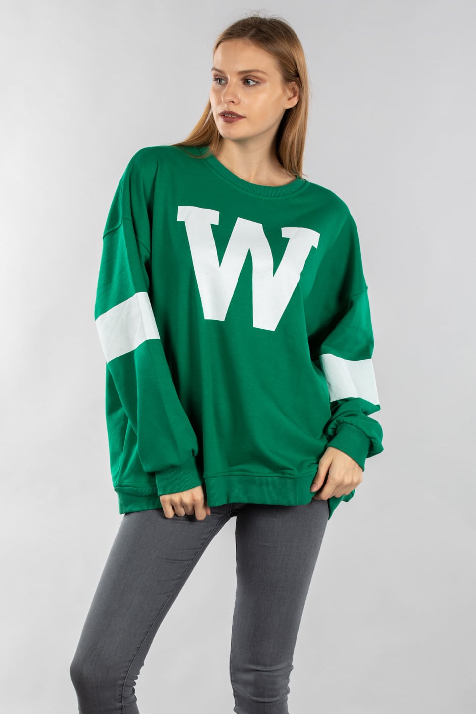 W baskılı oversize sweatshirt-5194 Benetton/Beyaz