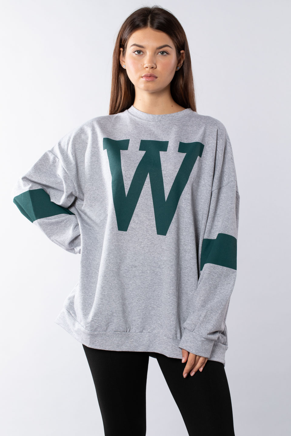 W baskılı sweatshırt-498 Gri