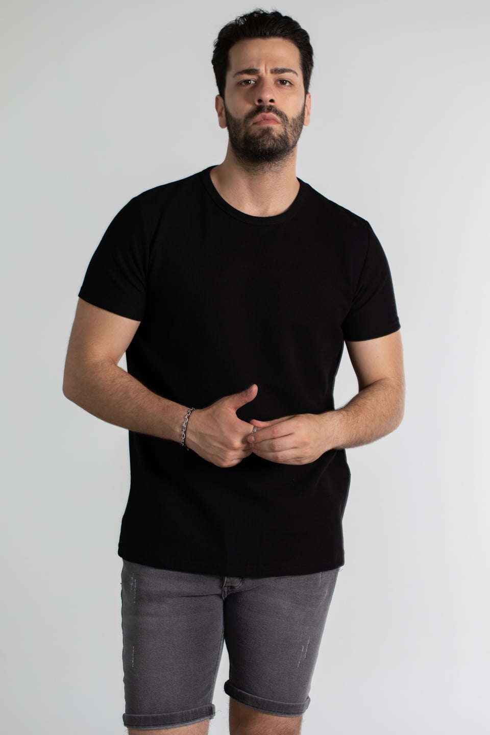 Waffle kumaş basıc t-shirt-1435 Siyah