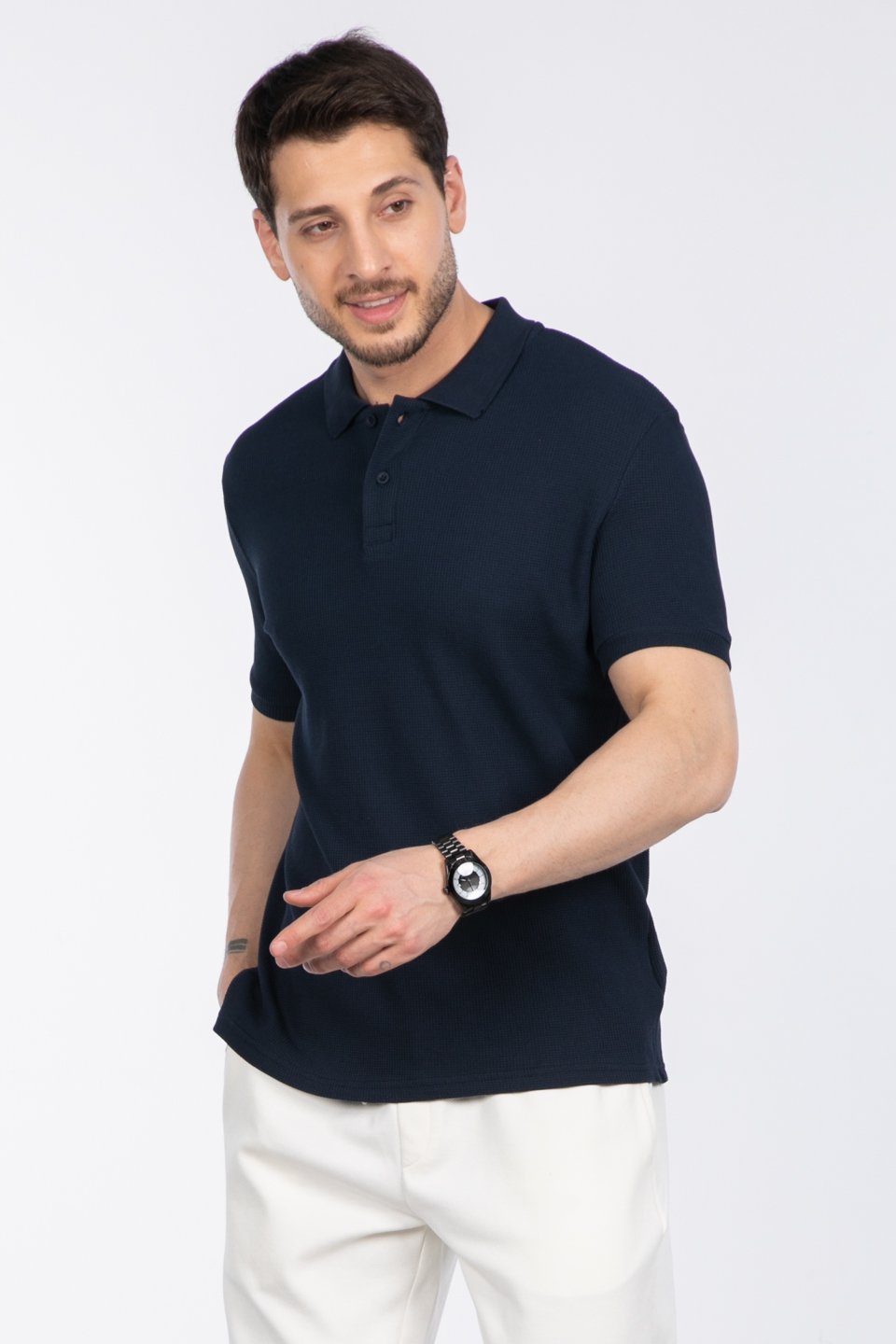 Waffle Polo Yaka T-Shirt - İndigo