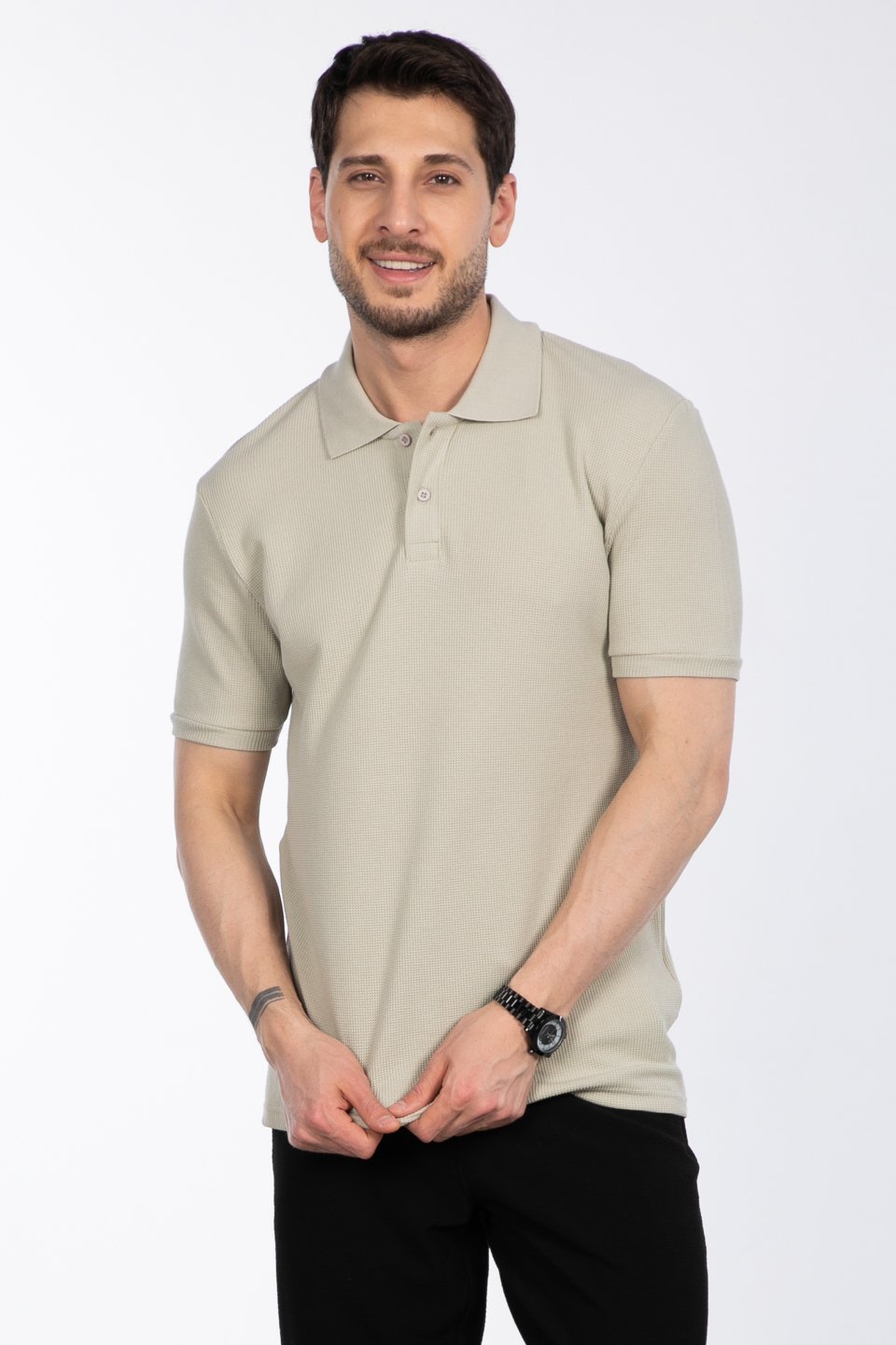 Waffle Polo Yaka T-Shirt - Taş