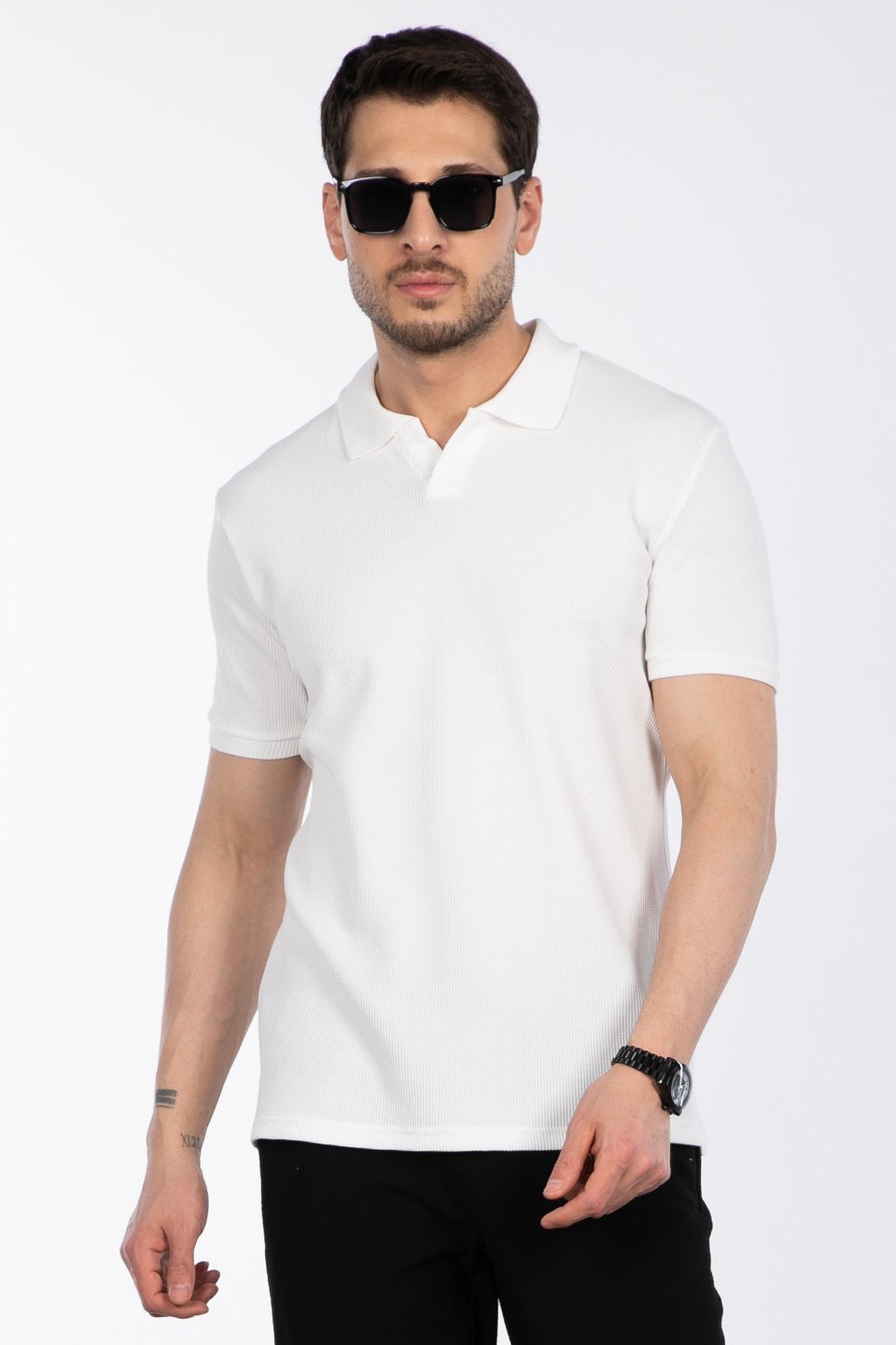 Waffle yakalı t-shirt-2645 Ekru