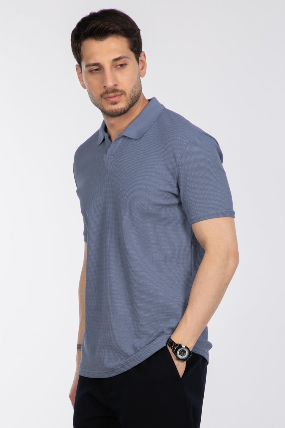 Waffle yakalı t-shirt-2645 K.Mavi