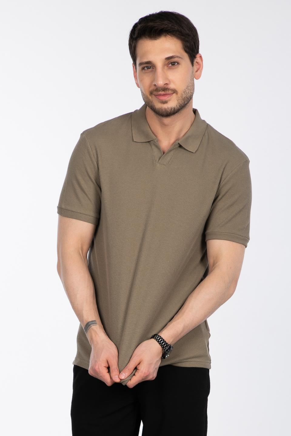 Waffle yakalı t-shirt-2645 V.Yeşil