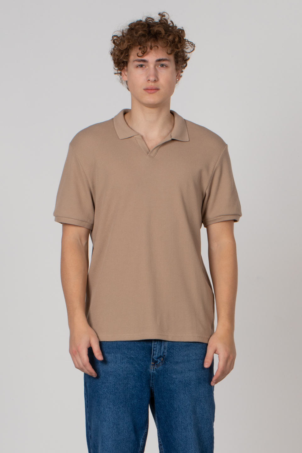 Waffle yakalı t-shırt-2645 Vizon