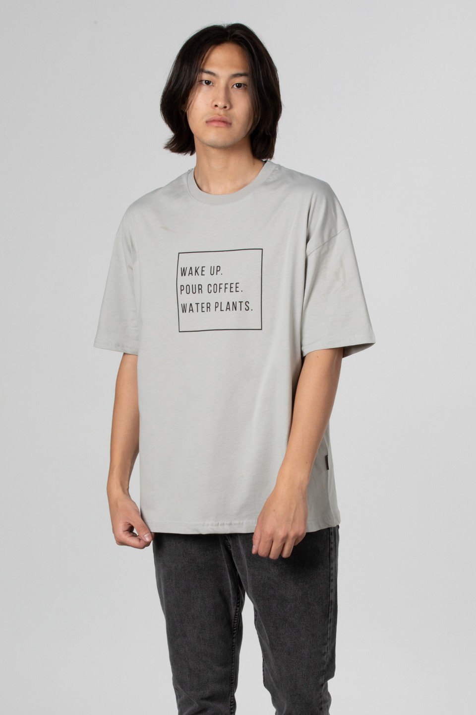 Wake up yazılı t-shirt-5029 Boyalı Gri