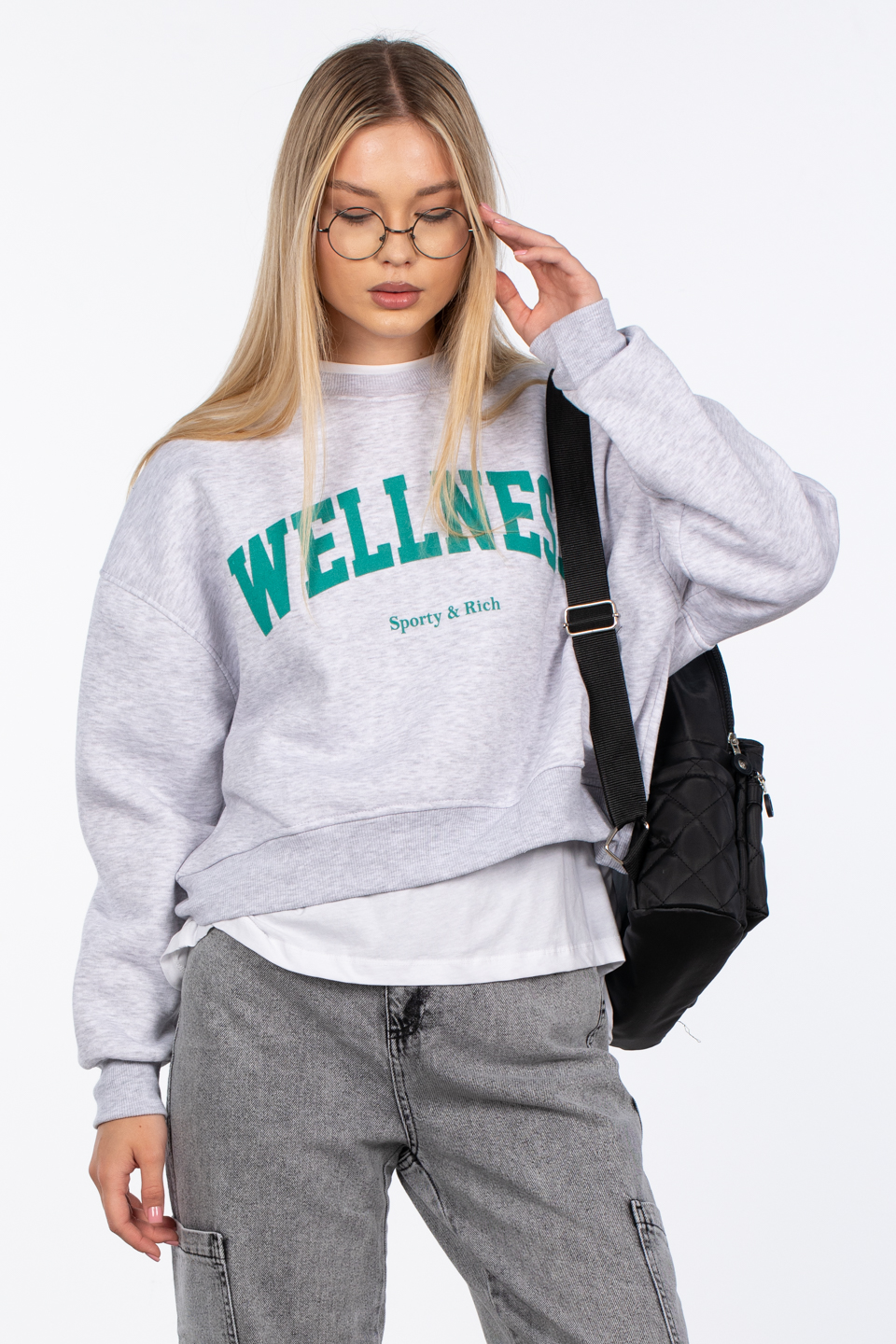 Wellness baskılı sweatshirt-DVN0843 Kar Melanj