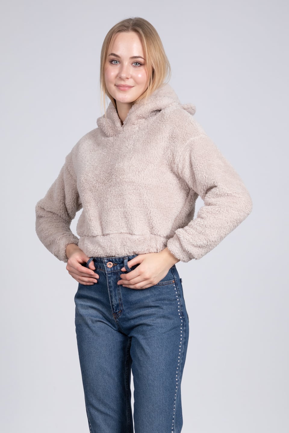 Welsoft kapüşonlu sweat-1041 Bej