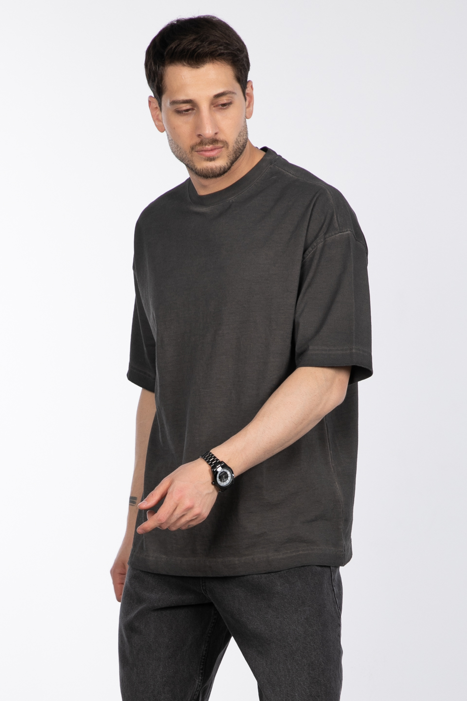 Yağ yıkamalı t-shirt-1006 Antrasit