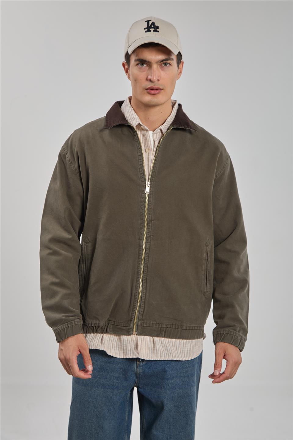 Yaka detay gabardin ceket-2893 Haki